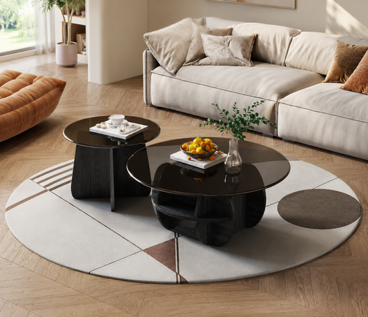 Tables Basses Rondes 2 Pièces En Verre Avec Pied En Bois