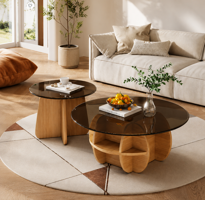 Tables Basses Rondes 2 Pièces En Verre Avec Pied En Bois